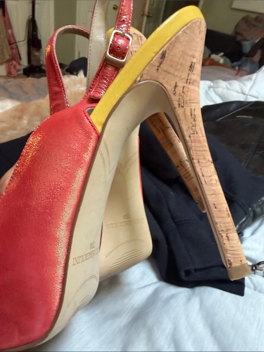 Enzo Angiolini Metallic Coral & Yellow Peep Toe Sling Back Pumps 👠 4” high ~ 7.5
